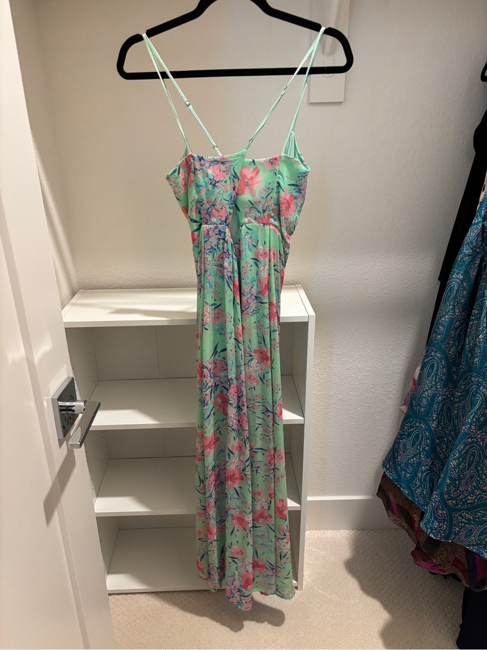 Floral Mint Green Maxi Dress with Pink Blooms